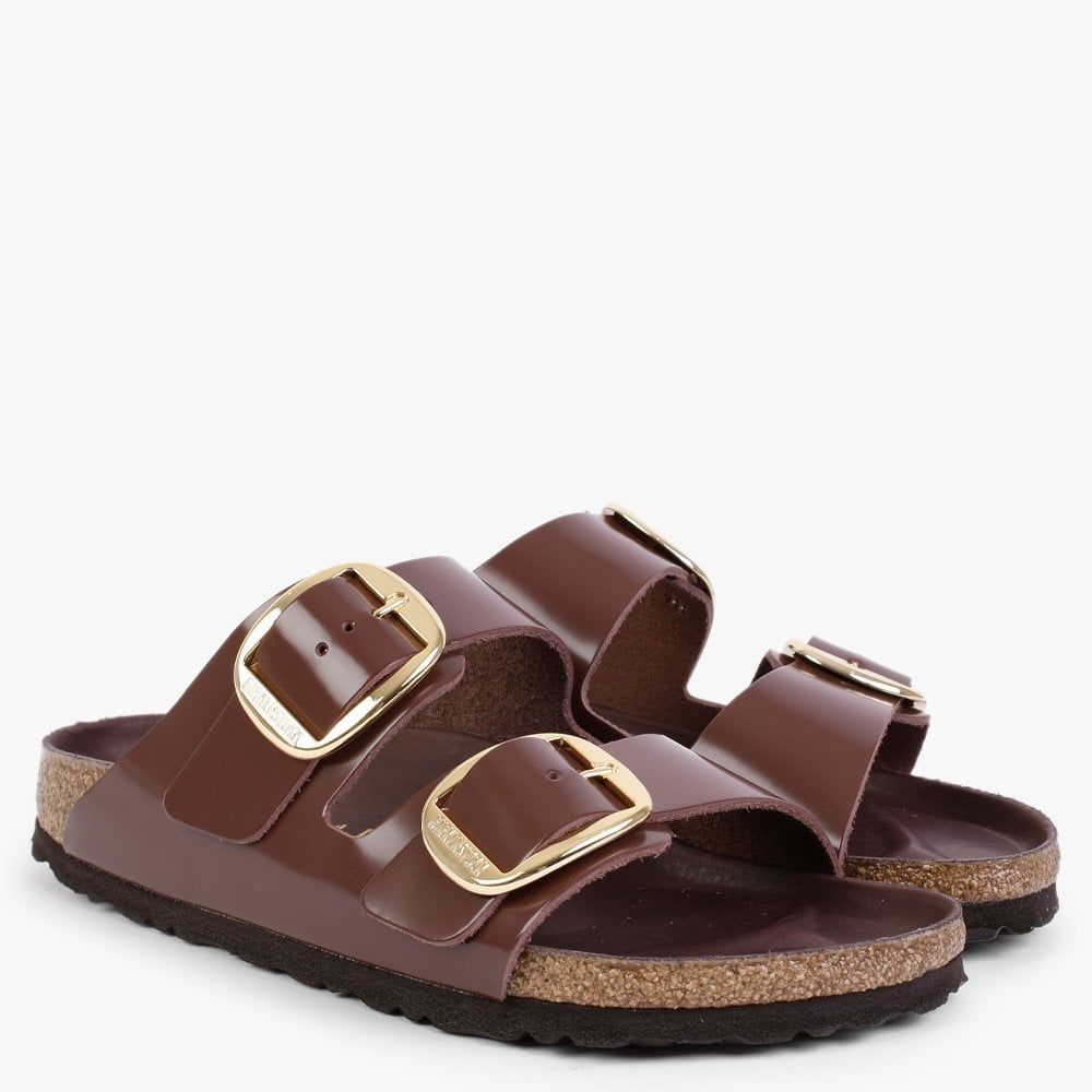 Arizona Big Buckle Chocolate Patent Leather Two Bar Mules