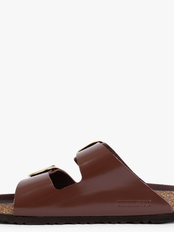 Arizona Big Buckle Chocolate Patent Leather Two Bar Mules