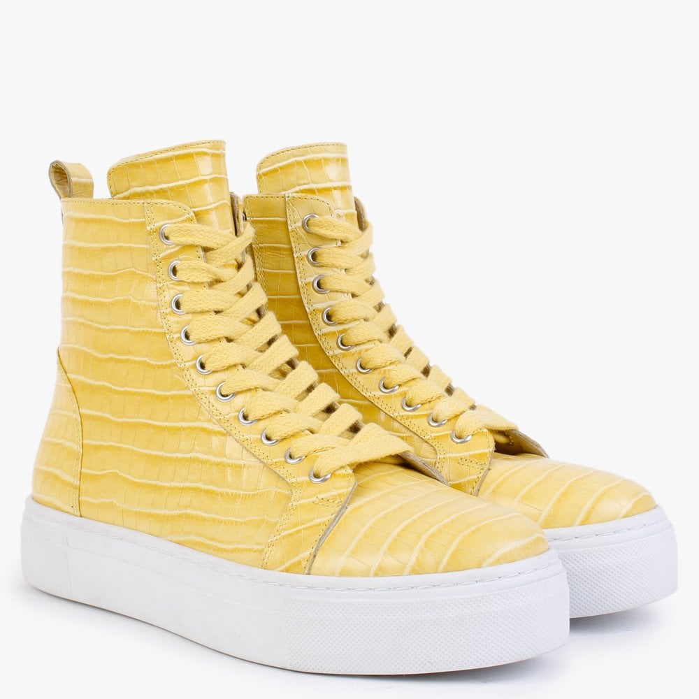 Broco Yellow Leather Moc Croc High Top Trainers