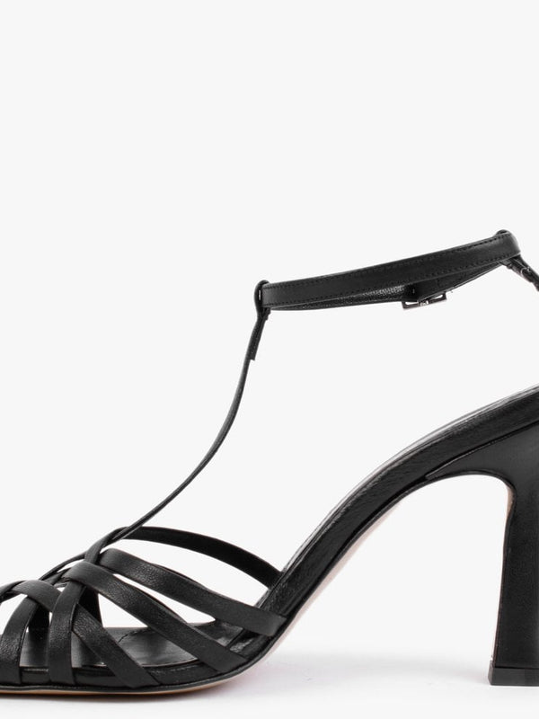 Fage Black Leather Woven Toe Heeled Sandals