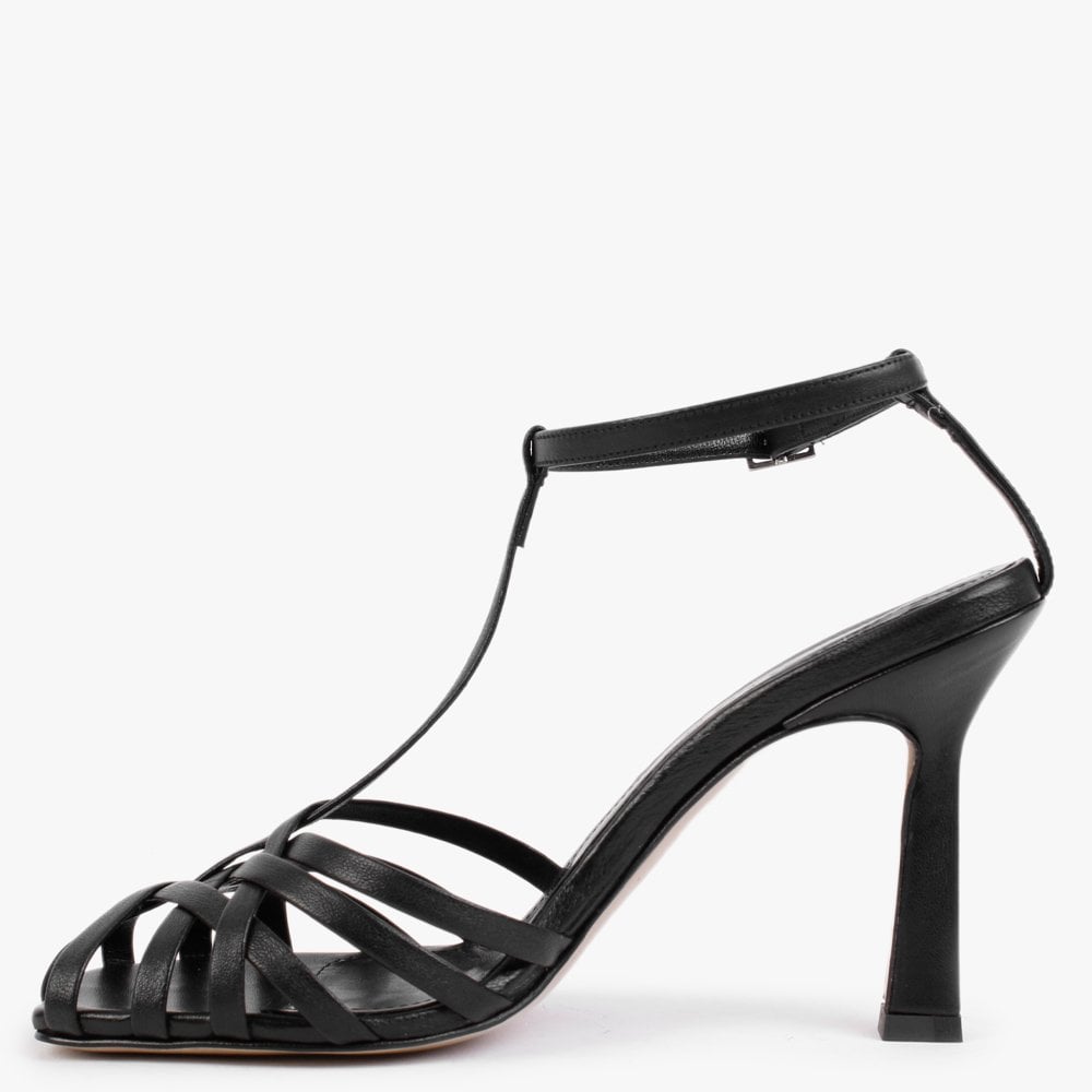 Fage Black Leather Woven Toe Heeled Sandals