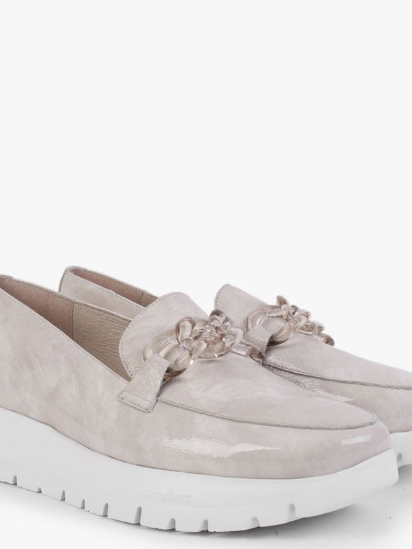 Harmonic Taupe Patent Leather Low Wedge Loafers