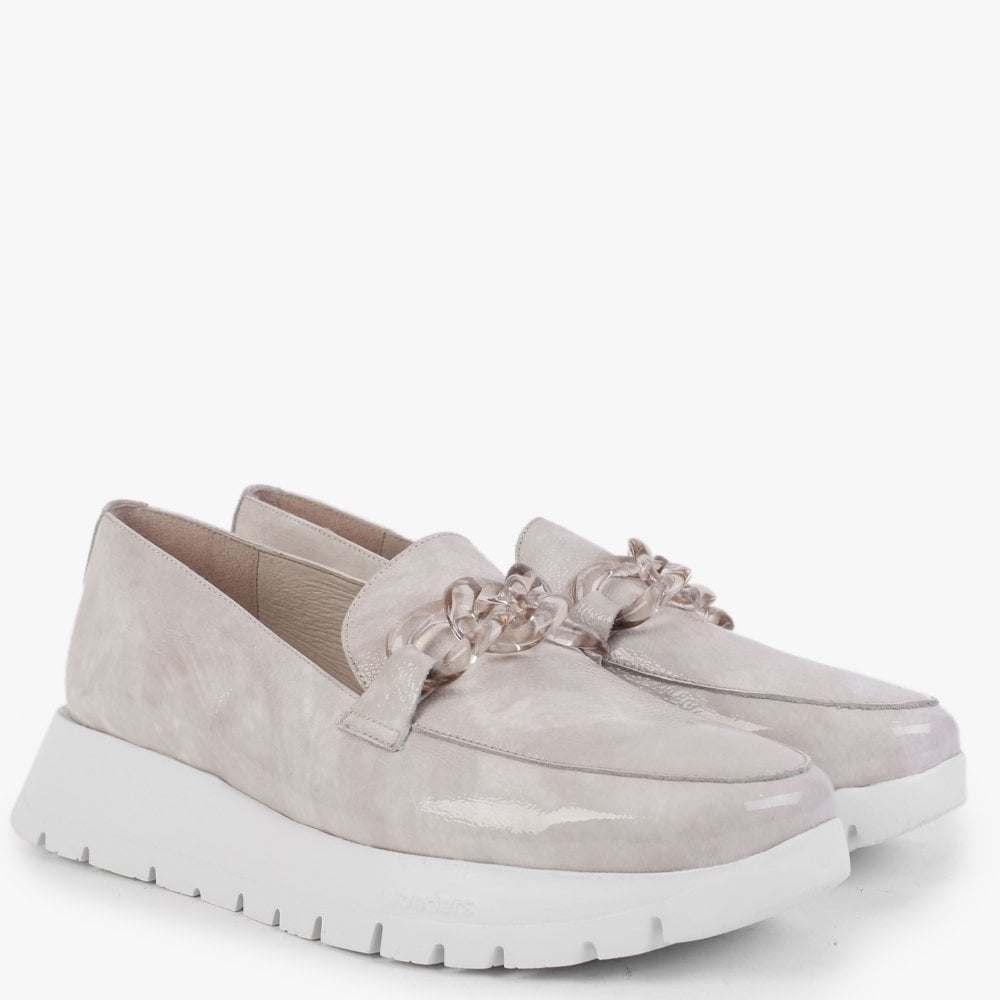 Harmonic Taupe Patent Leather Low Wedge Loafers