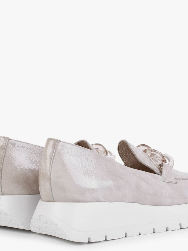 Harmonic Taupe Patent Leather Low Wedge Loafers