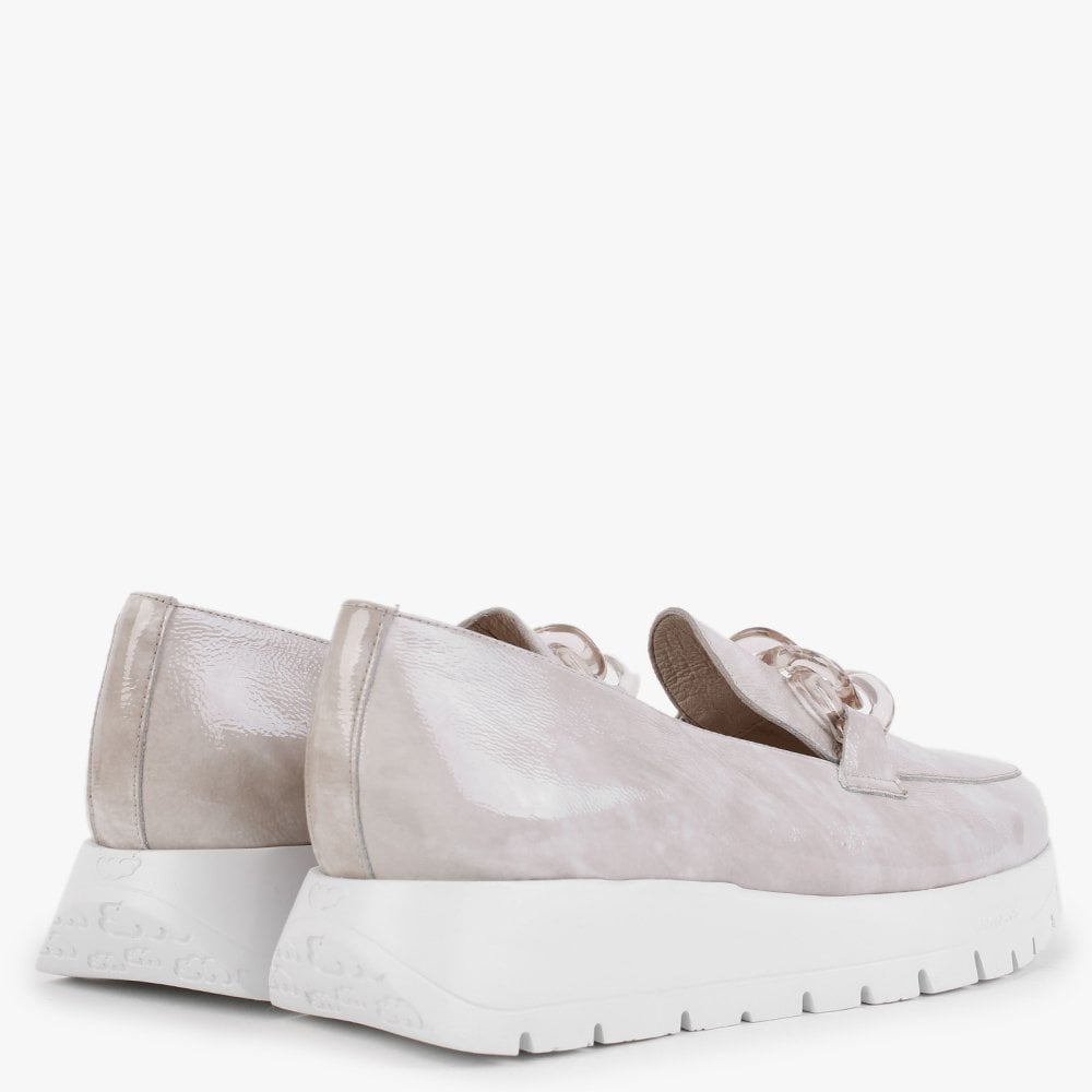 Harmonic Taupe Patent Leather Low Wedge Loafers