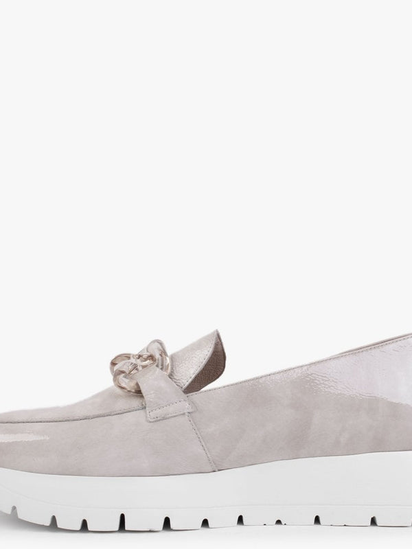 Harmonic Taupe Patent Leather Low Wedge Loafers