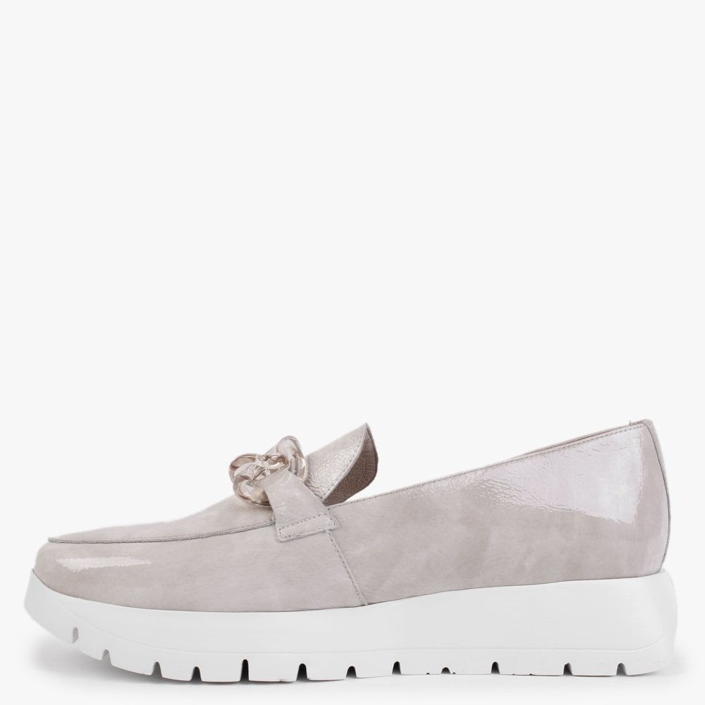 Harmonic Taupe Patent Leather Low Wedge Loafers