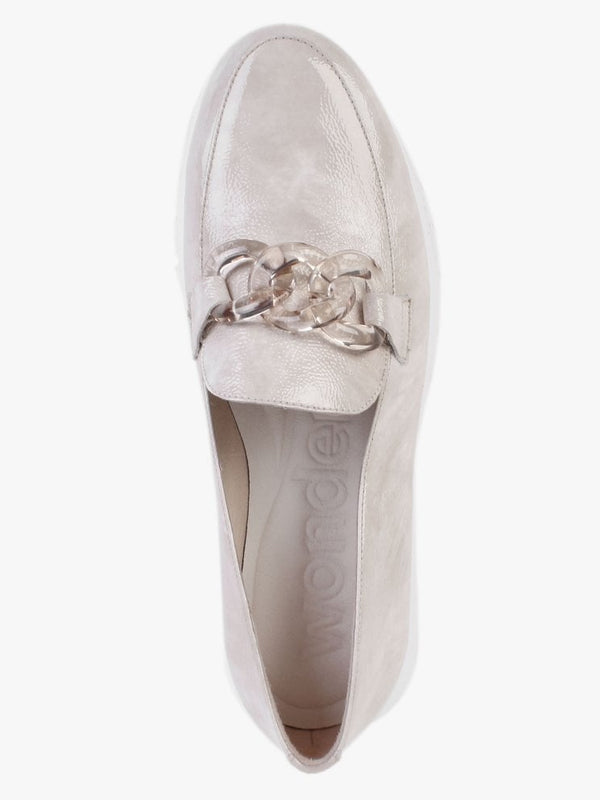 Harmonic Taupe Patent Leather Low Wedge Loafers
