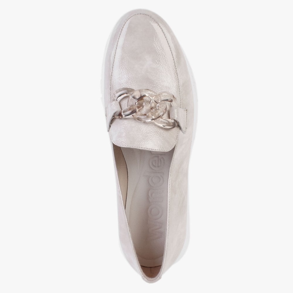 Harmonic Taupe Patent Leather Low Wedge Loafers