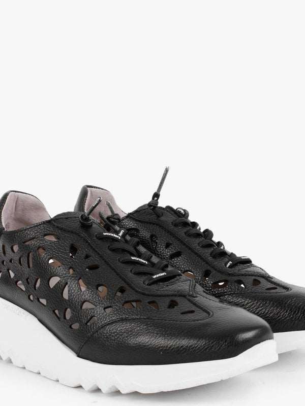 Capo Black Leather Laser Cut Wedge Trainers