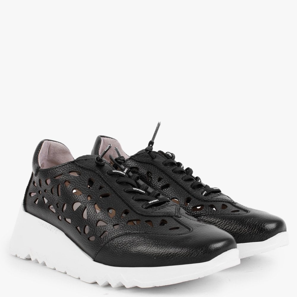 Capo Black Leather Laser Cut Wedge Trainers