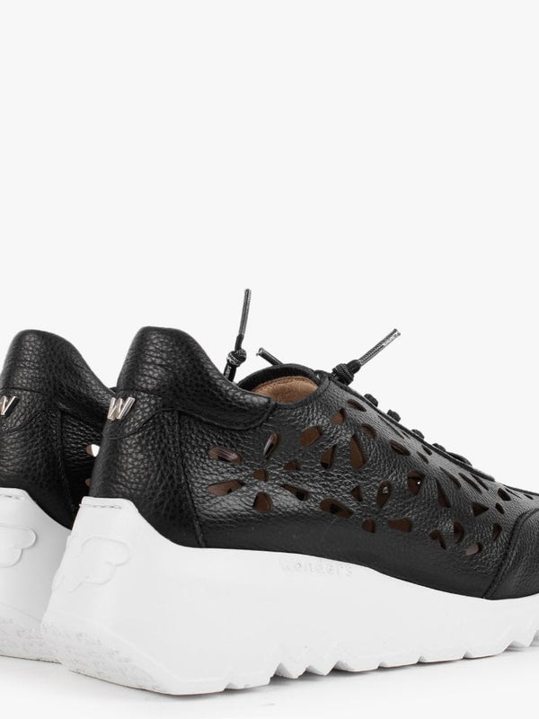 Capo Black Leather Laser Cut Wedge Trainers