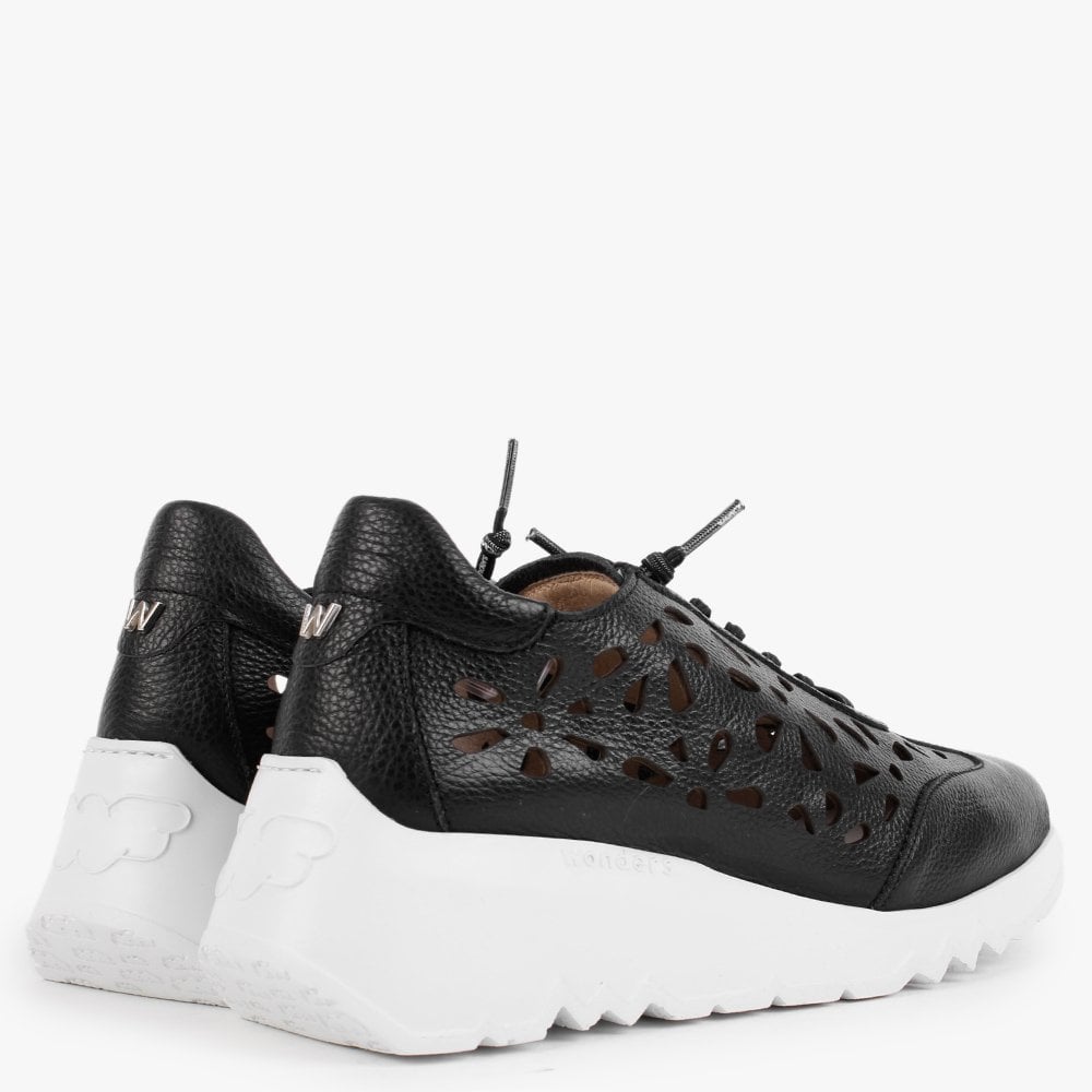 Capo Black Leather Laser Cut Wedge Trainers