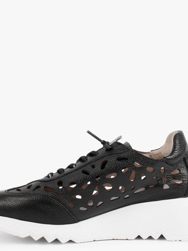 Capo Black Leather Laser Cut Wedge Trainers