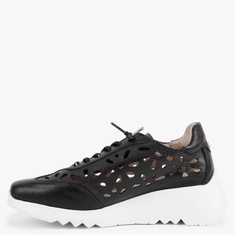 Capo Black Leather Laser Cut Wedge Trainers