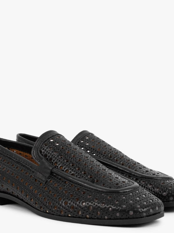 Teff Black Leather Woven Loafers