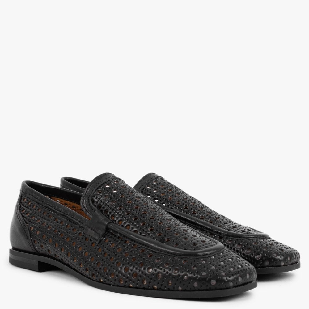 Teff Black Leather Woven Loafers