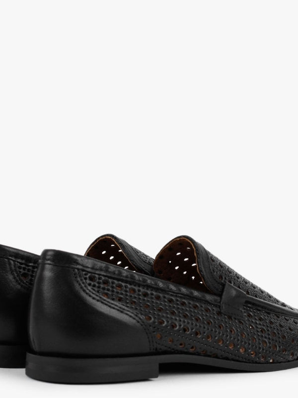 Teff Black Leather Woven Loafers