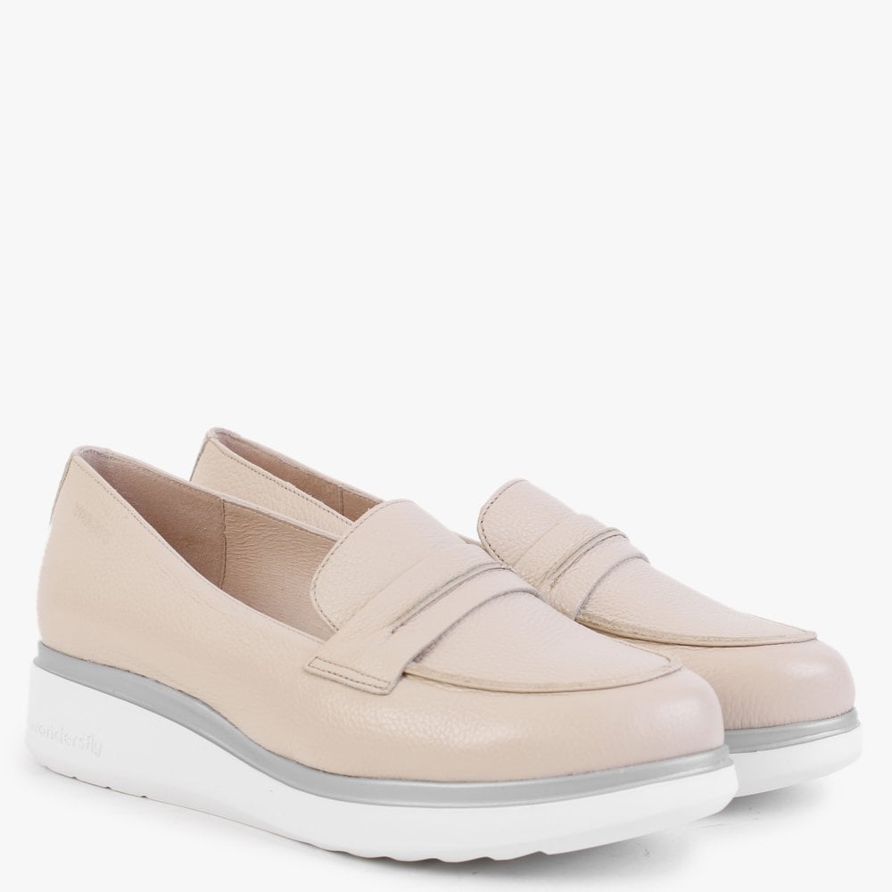 Vibrato Nude Leather Low Wedge Loafers