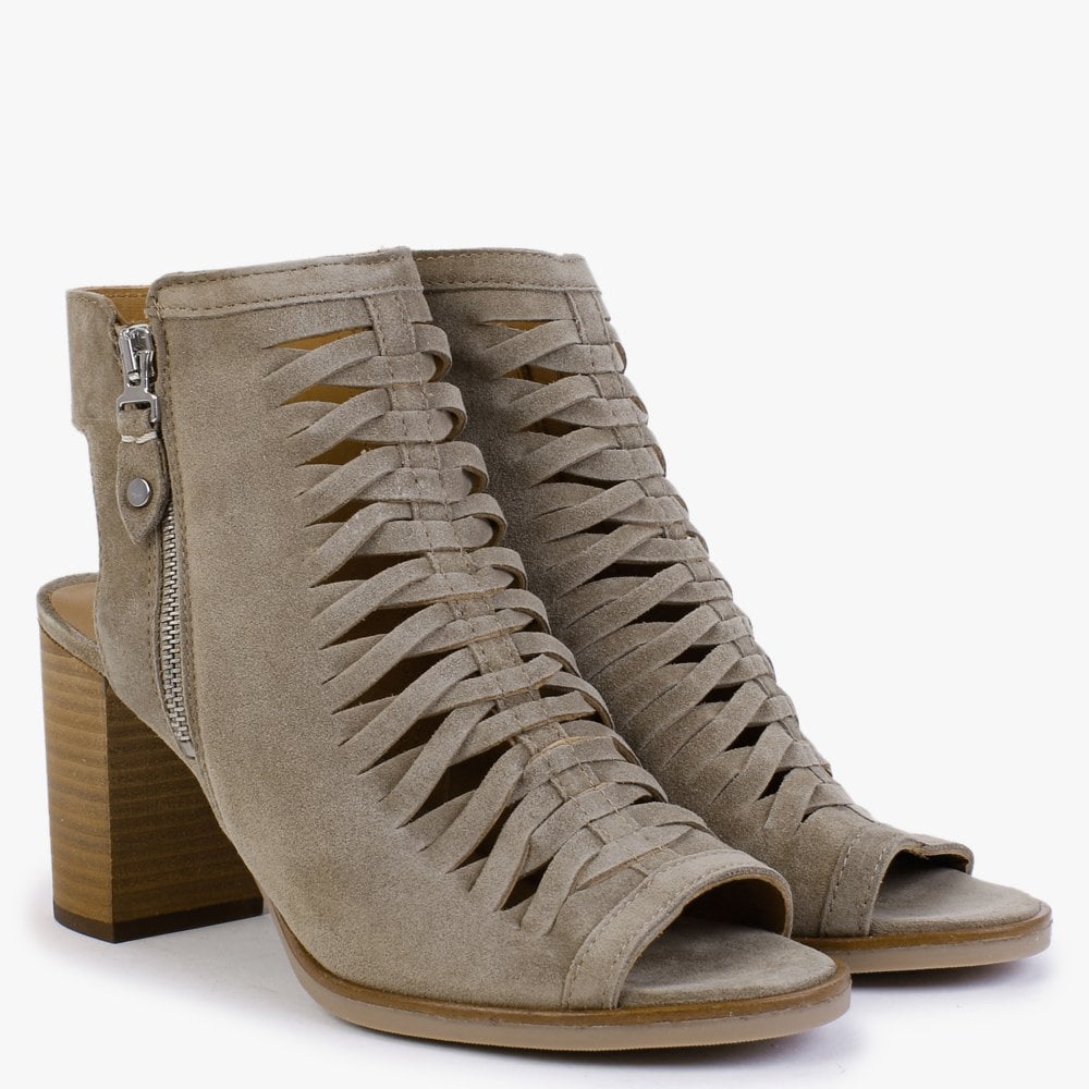 Polenta Khaki Suede Lattice Backless Heeled Sandals