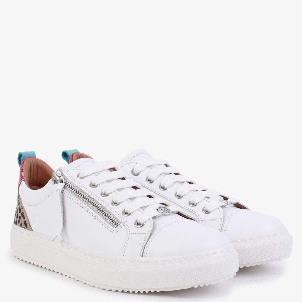 Asinda White Leather Leopard Zip Trainers
