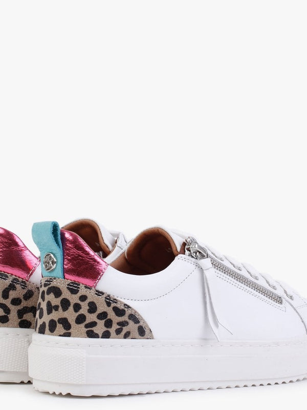 Asinda White Leather Leopard Zip Trainers