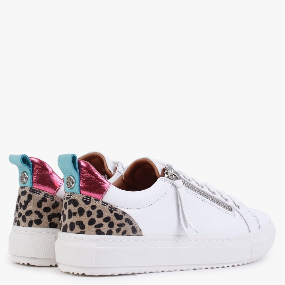 Asinda White Leather Leopard Zip Trainers