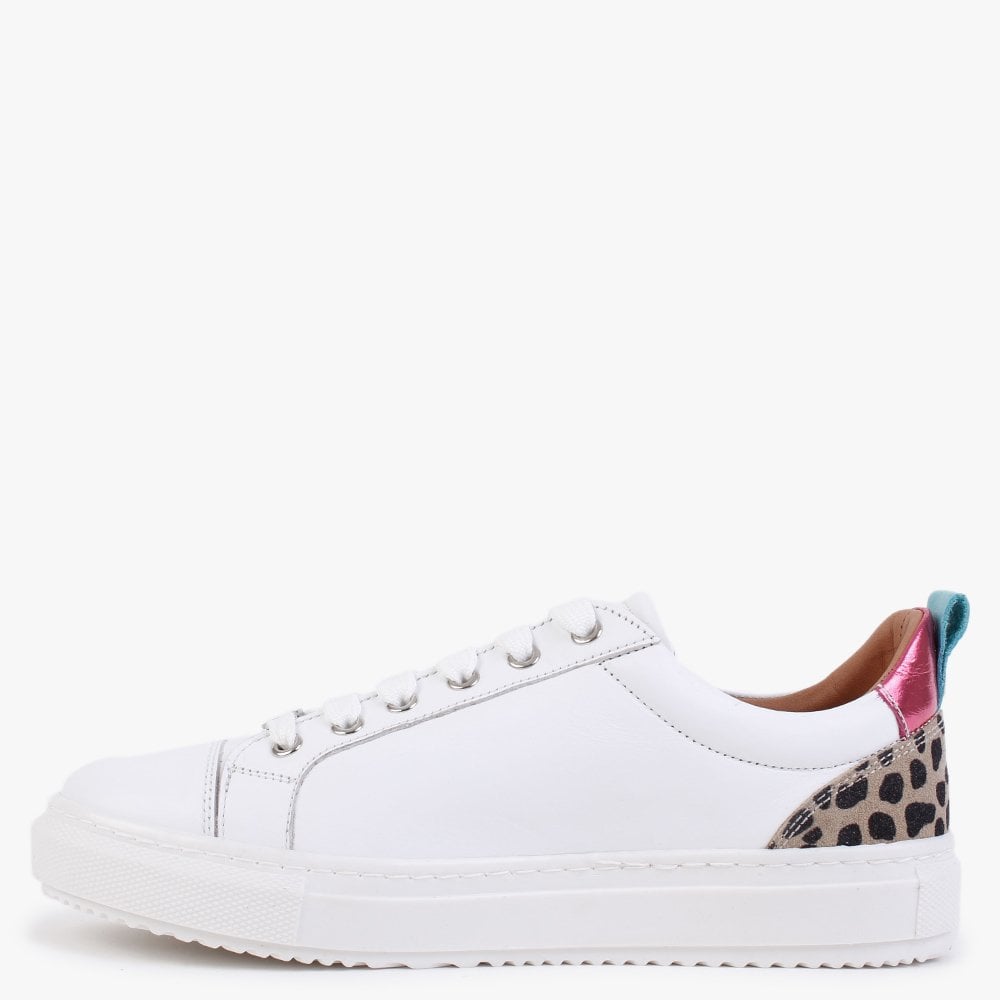 Asinda White Leather Leopard Zip Trainers