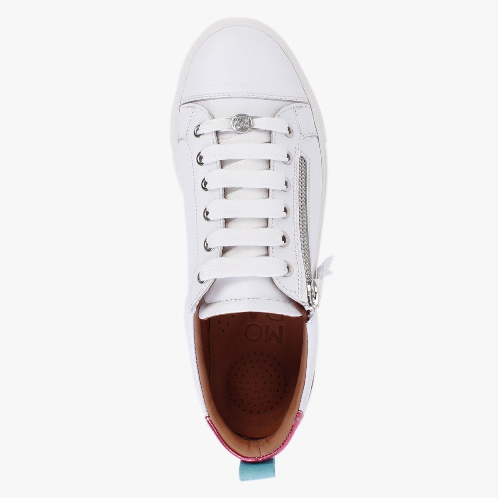 Asinda White Leather Leopard Zip Trainers