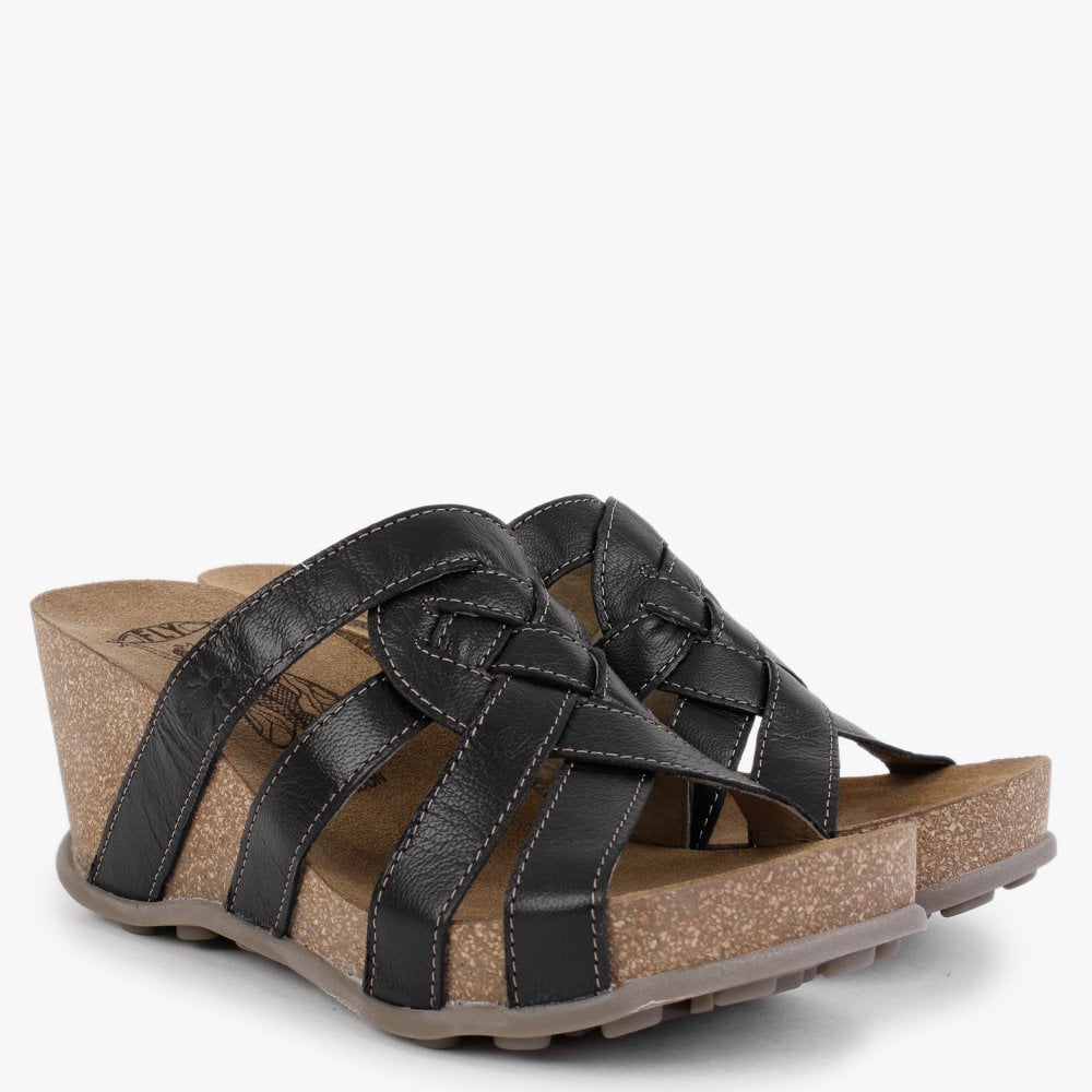 Gily Black Leather Wedge Mules