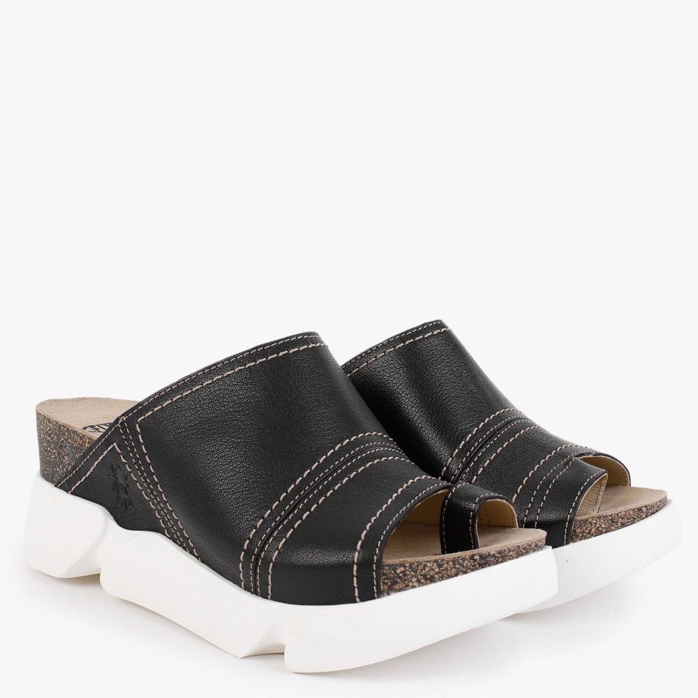 Sive Black Leather Toe Loop Mules