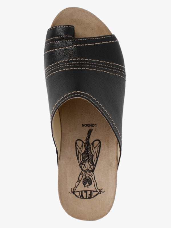 Sive Black Leather Toe Loop Mules