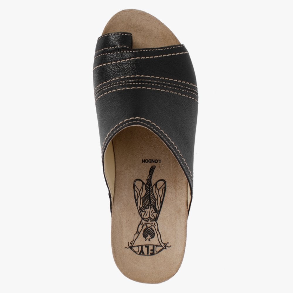 Sive Black Leather Toe Loop Mules
