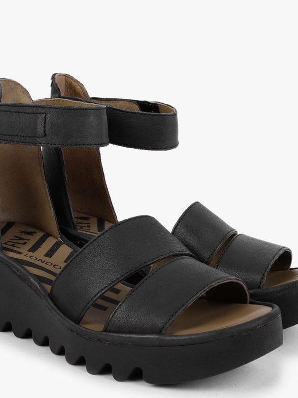 Bono Black Leather Low Wedge Sandals