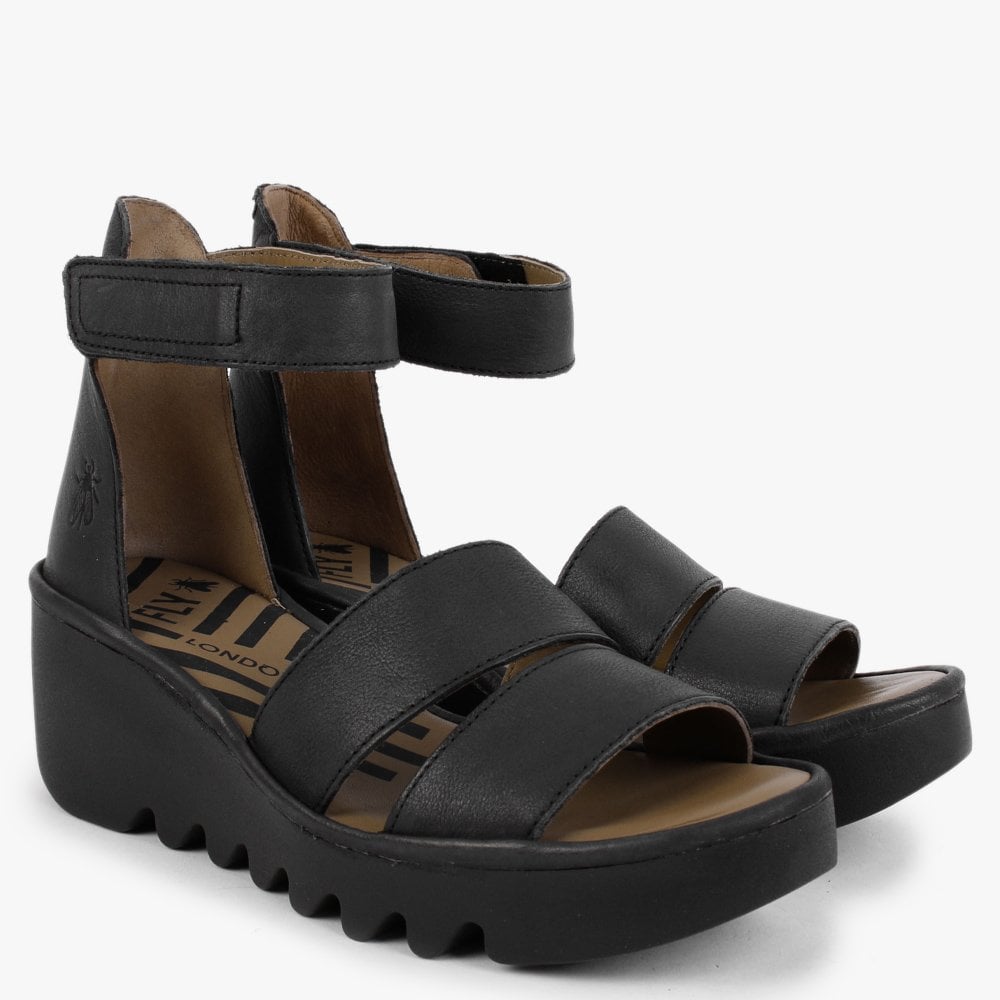 Bono Black Leather Low Wedge Sandals