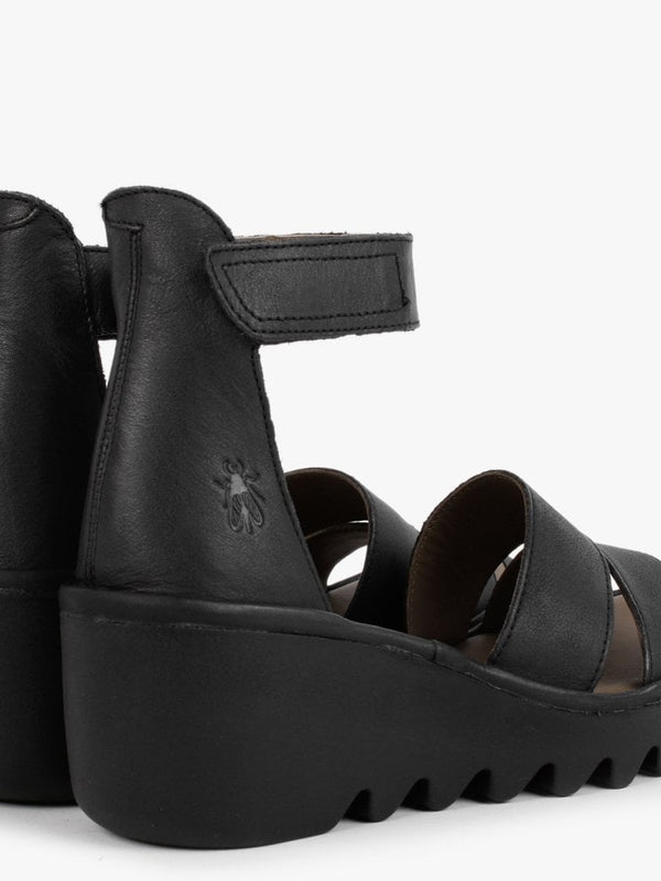 Bono Black Leather Low Wedge Sandals