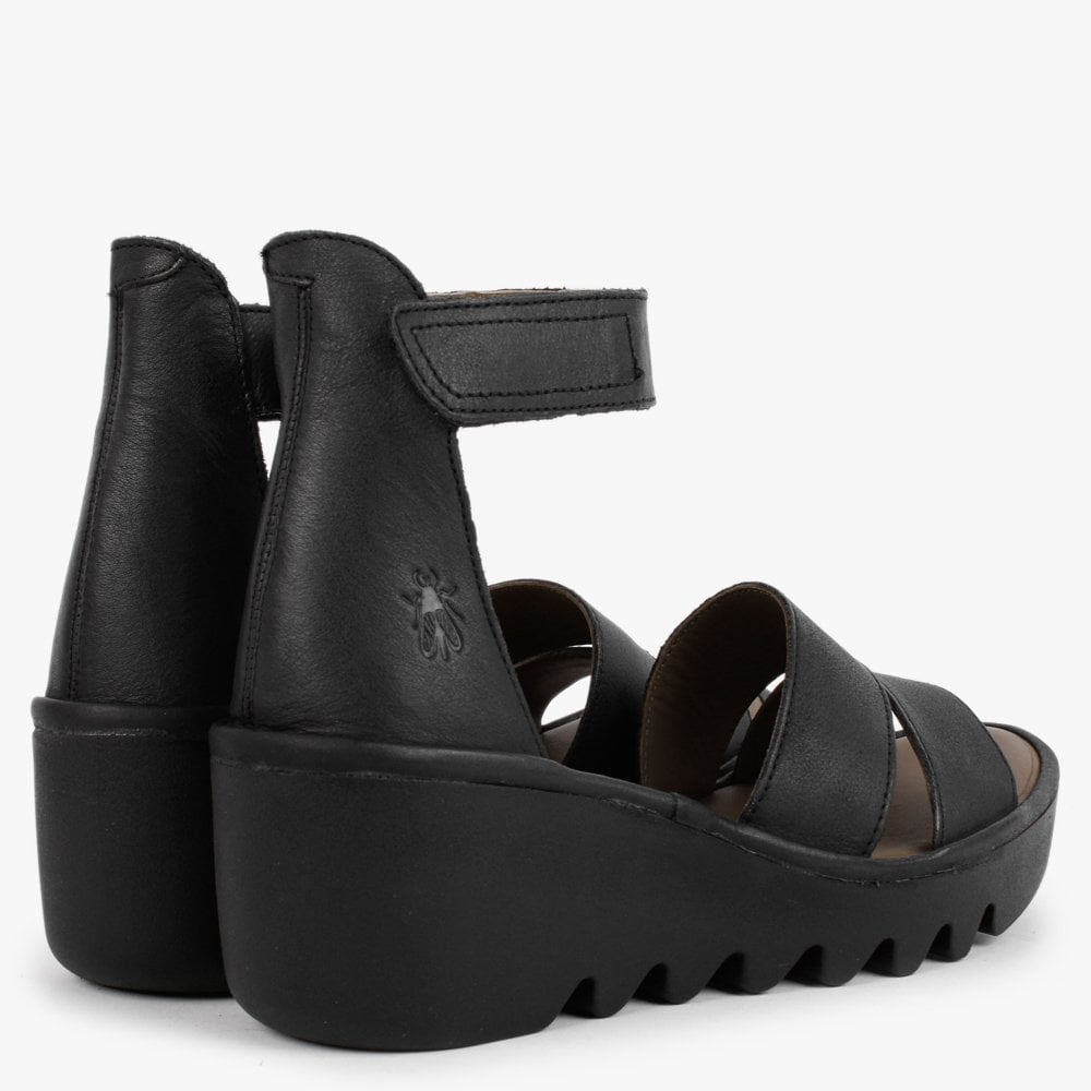 Bono Black Leather Low Wedge Sandals