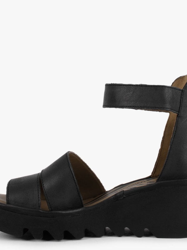 Bono Black Leather Low Wedge Sandals
