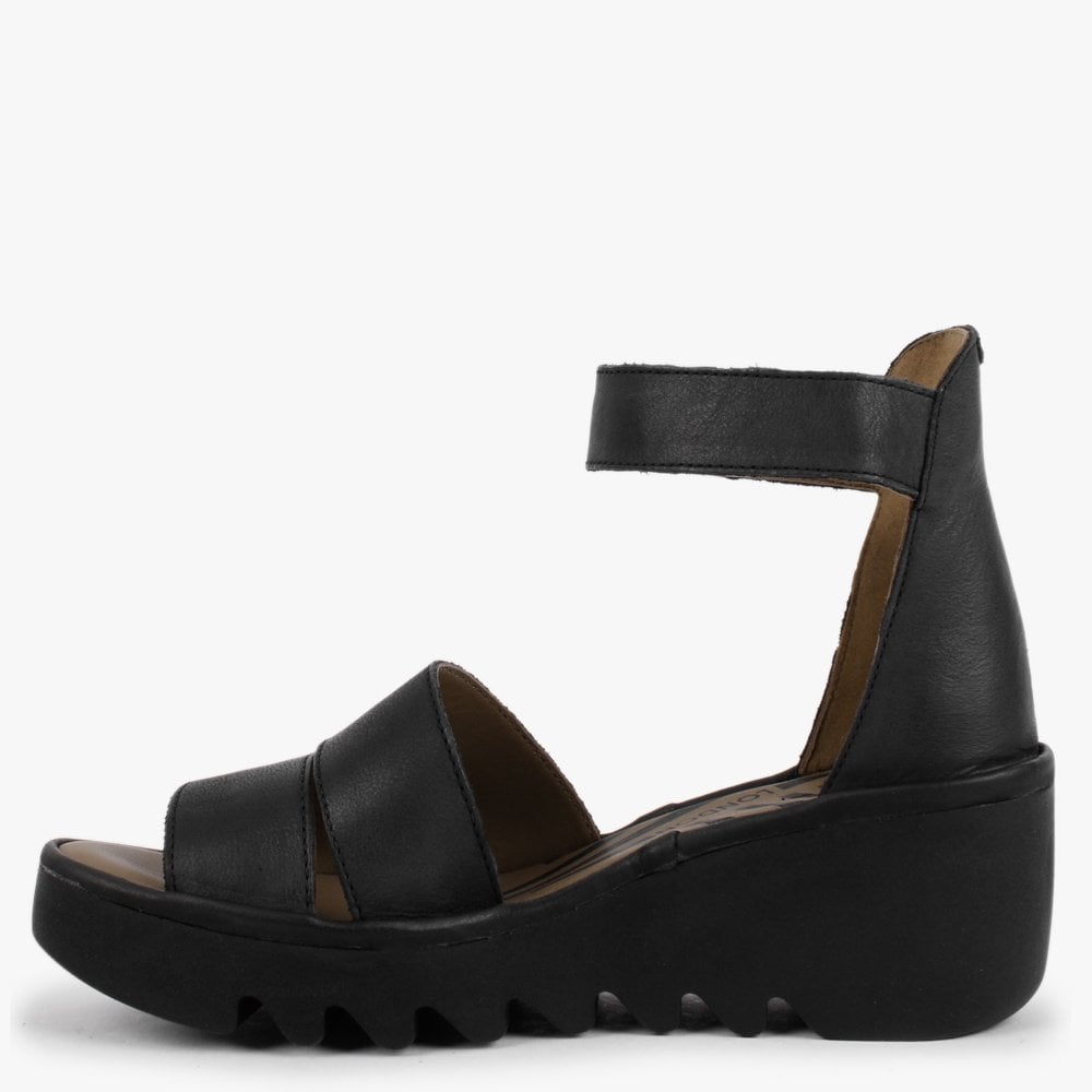 Bono Black Leather Low Wedge Sandals