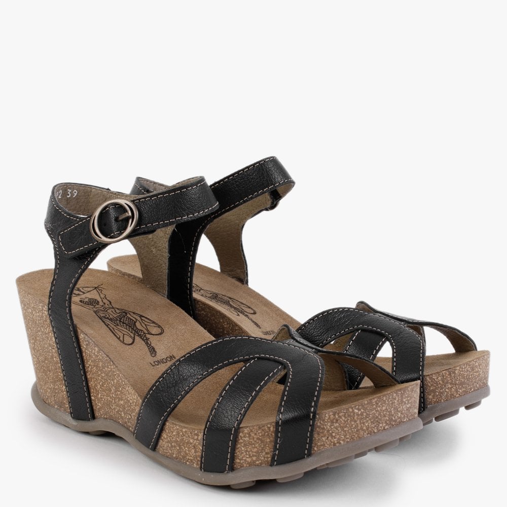 Geta Black Leather Wedge Sandals