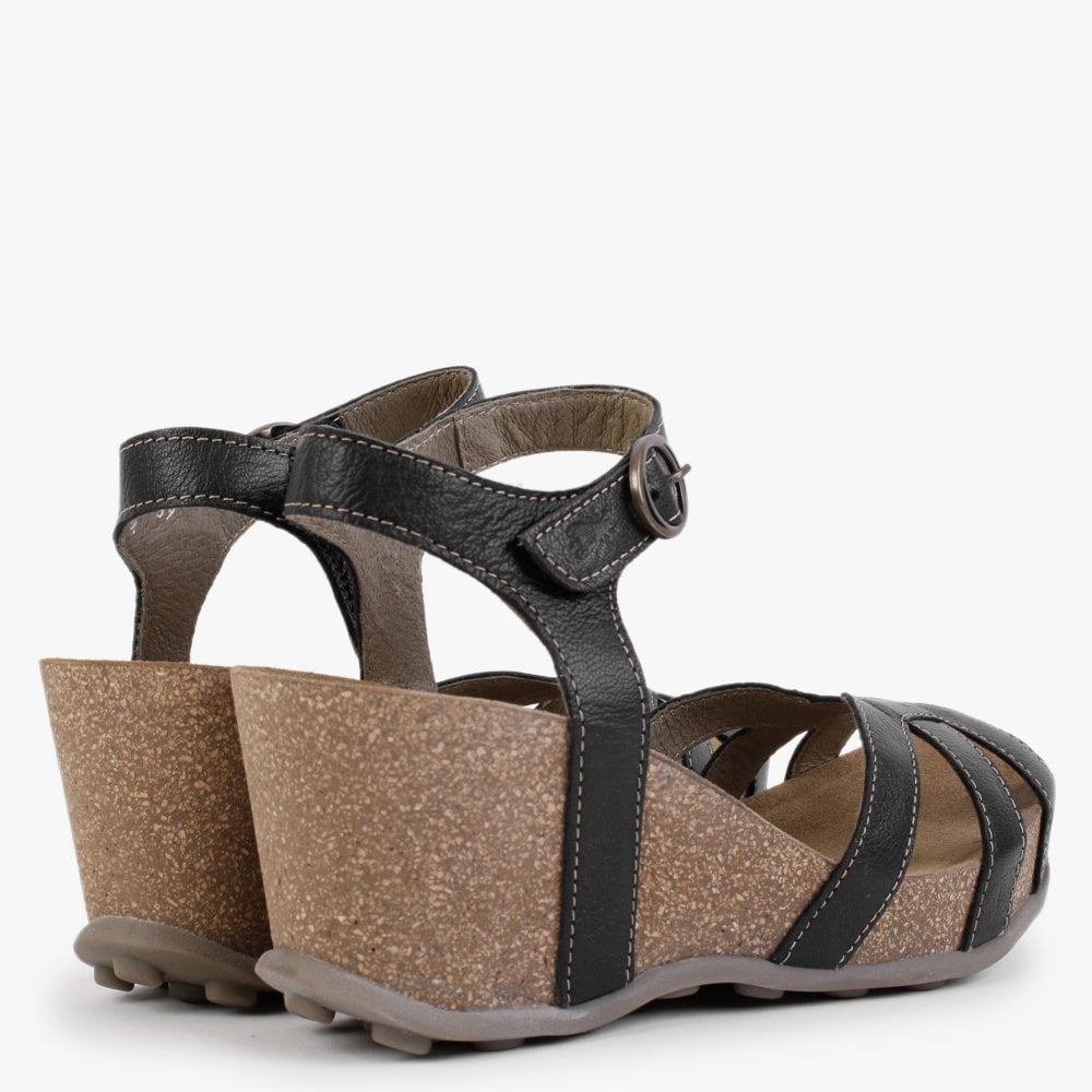 Geta Black Leather Wedge Sandals