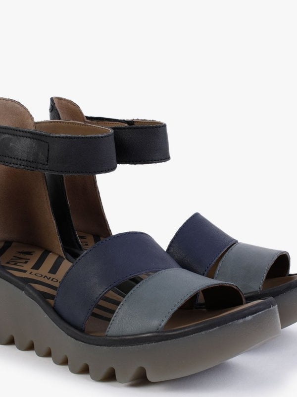 Bono Grey Slate Blue Black Leather Low Wedge Sandals