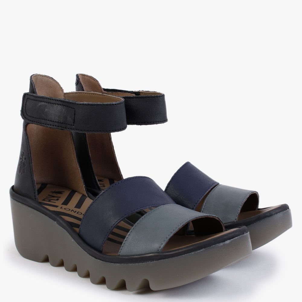 Bono Grey Slate Blue Black Leather Low Wedge Sandals