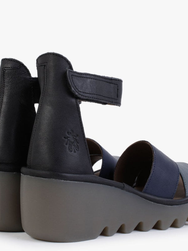 Bono Grey Slate Blue Black Leather Low Wedge Sandals