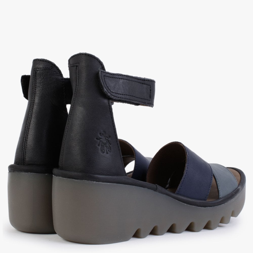 Bono Grey Slate Blue Black Leather Low Wedge Sandals