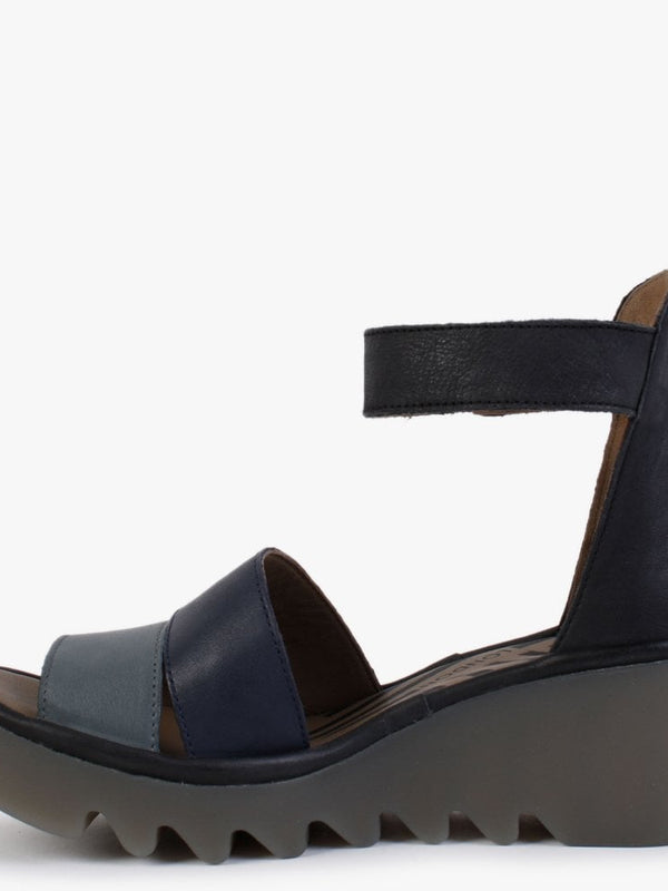 Bono Grey Slate Blue Black Leather Low Wedge Sandals