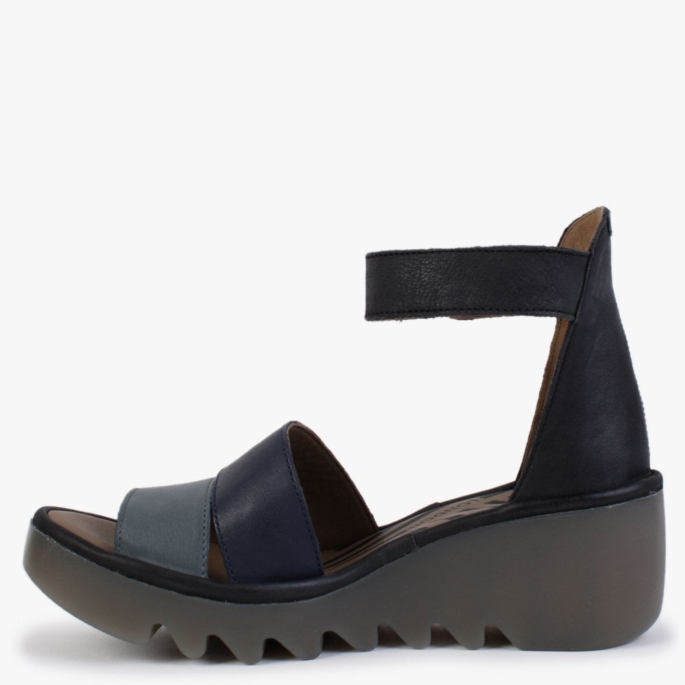 Bono Grey Slate Blue Black Leather Low Wedge Sandals