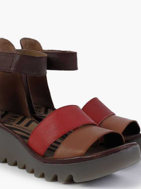 Bono Tan Cherry Red Brown Leather Low Wedge Sandals