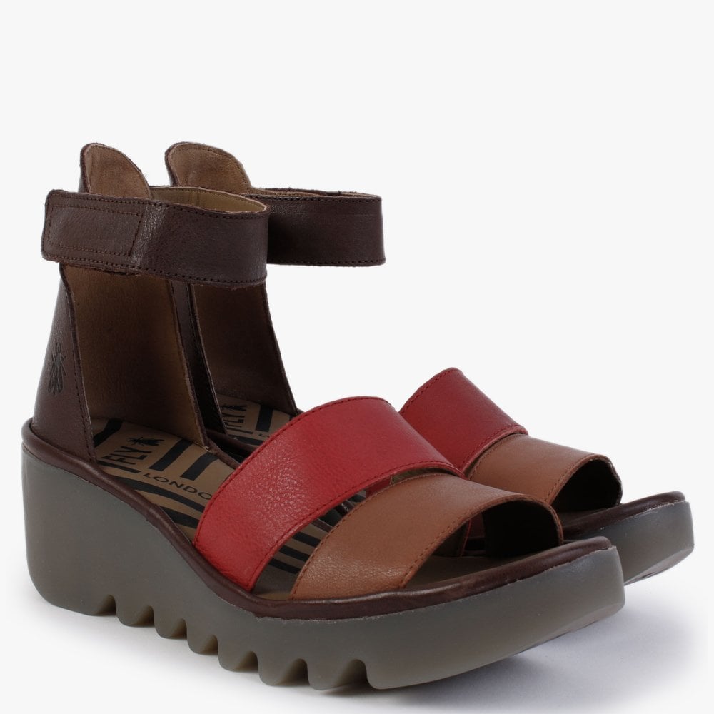 Bono Tan Cherry Red Brown Leather Low Wedge Sandals