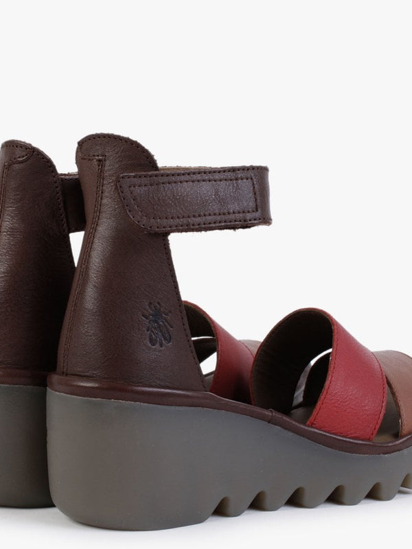 Bono Tan Cherry Red Brown Leather Low Wedge Sandals